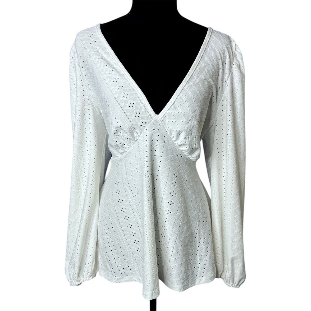 Womens White Eyelet Long Puff Sleeve Top XL Peasant Cottagecore Milkmaid Boho
